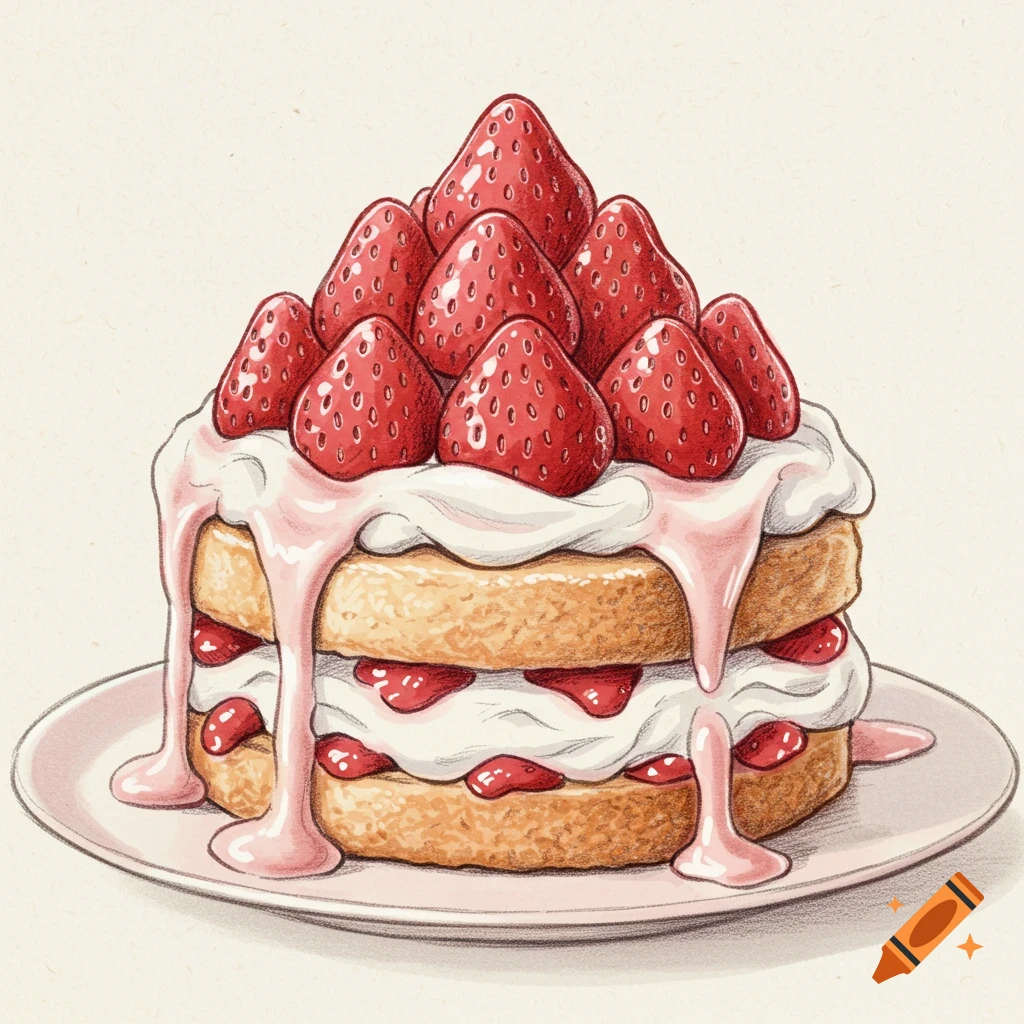 A sketch illustration of a two-layered strawberry and cream cake topped with strawberries and pink icing on a pink plate.
