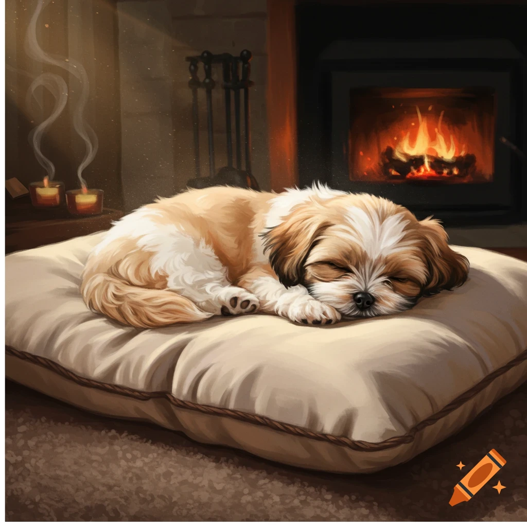 A shih tzu puppy sleeps peacefully on a plush pillow in front of a warm fireplace, in a painterly style.