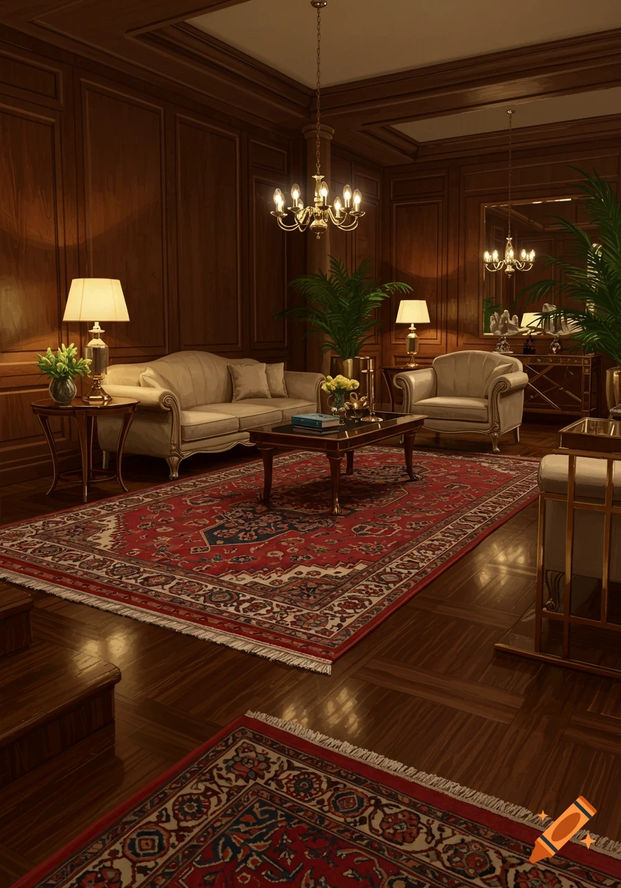 An elegant living room with rich wooden walls and parquet floor, featuring a large red Persian rug, light-colored sofas, and gold chandeliers, captured in a photorealistic style.