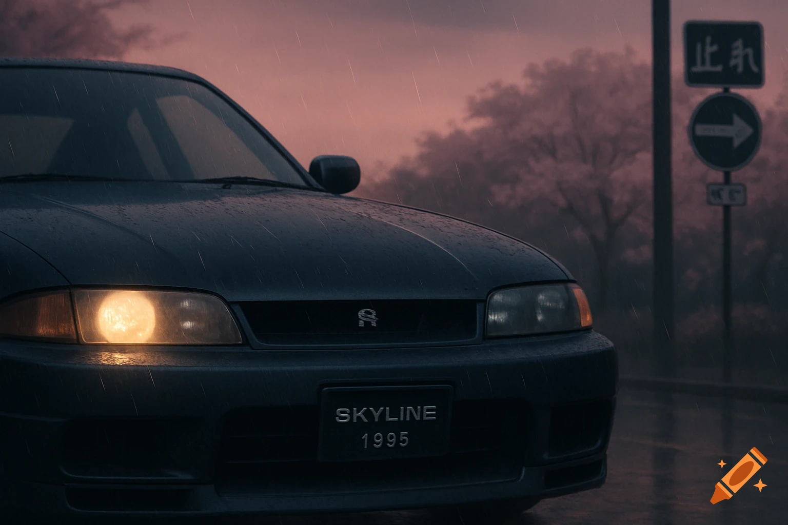 Front of a dark blue 1995 Nissan Skyline in the rain at dusk, with one headlight on, Japanese street signs, and cherry blossom trees.