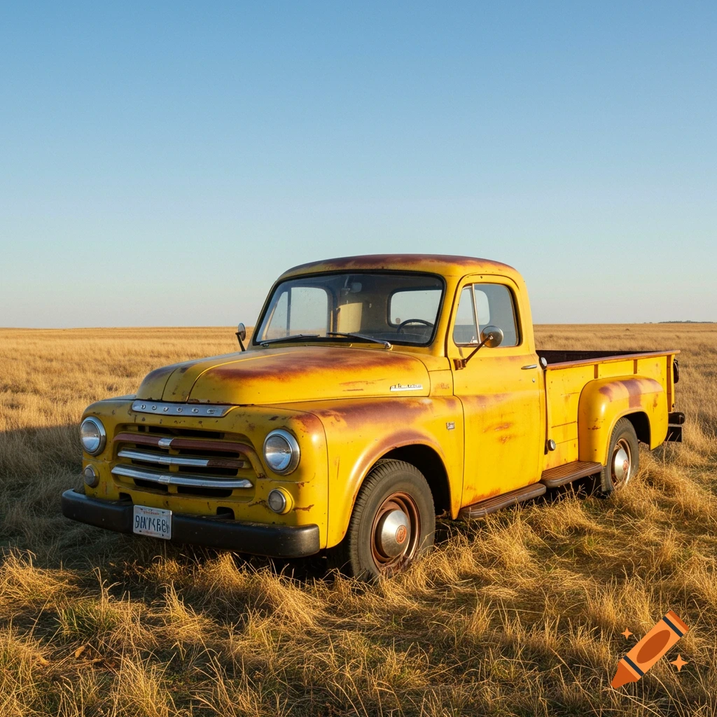 A weathered yellow 1950s Dodge pickup truck parked in a dry grassy field under a clear blue sky.