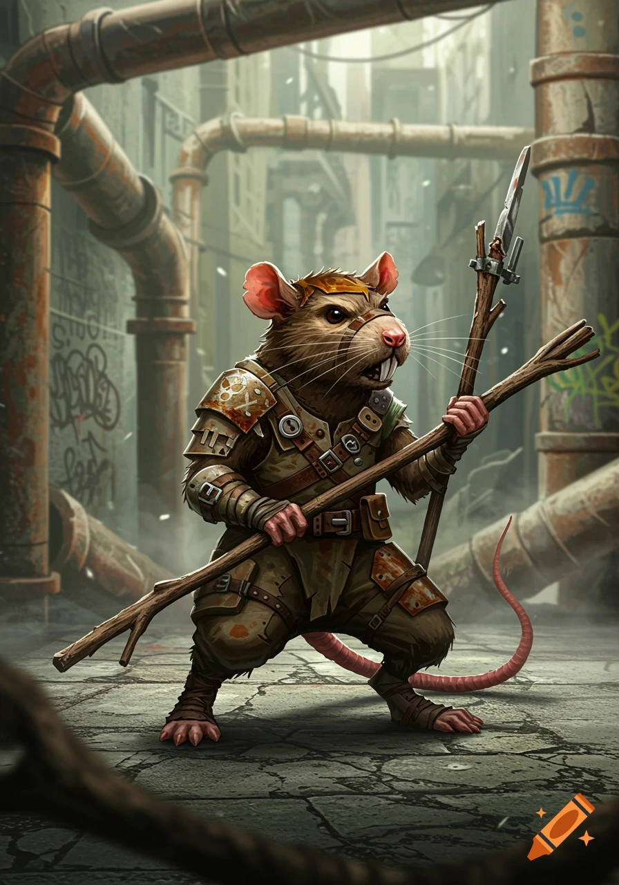 An armored rat character stands in a dimly lit, pipe-filled alley, holding a wooden staff with a spearhead.