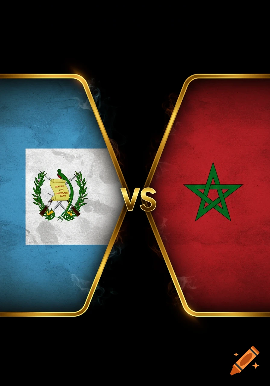 A split image with the flag of Guatemala on the left and the flag of Morocco on the right, separated by a golden 'VS' symbol, against a black background.