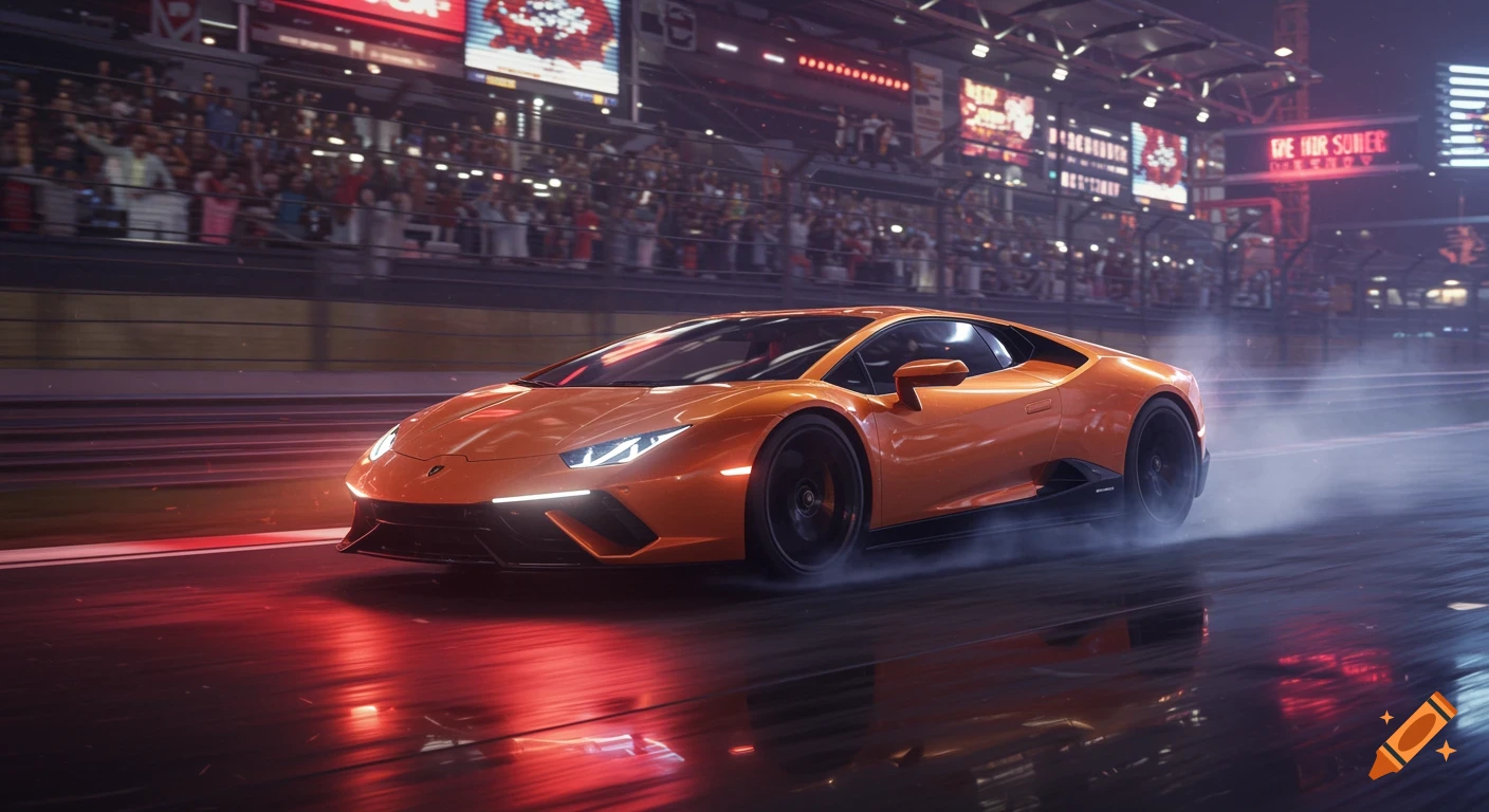 An orange Lamborghini sports car races on a wet track at night under bright stadium lights, with blurred crowds in the background.
