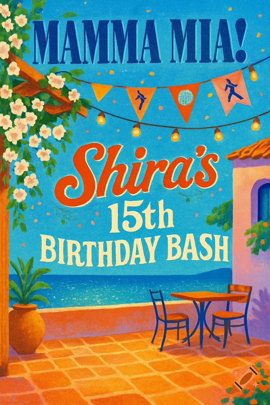 A colorful, textured illustration of a Mediterranean-themed birthday invitation with 'MAMMA MIA! Shira's 15th Birthday Bash' text, string lights, and a sea view.