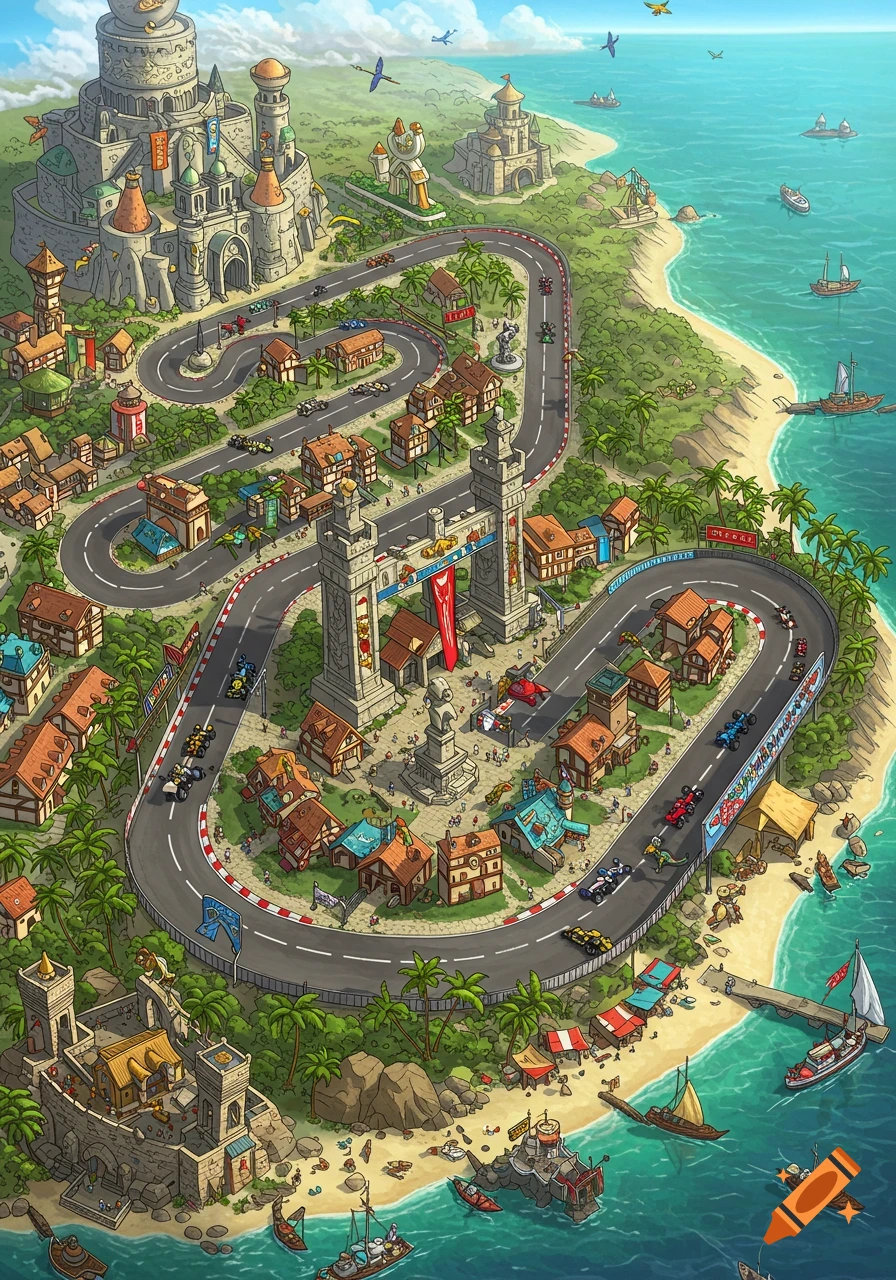 Detailed, isometric illustration of a vibrant fantasy city on a tropical island with a winding race track where dinosaurs are racing, featuring medieval architecture and a clear blue ocean.