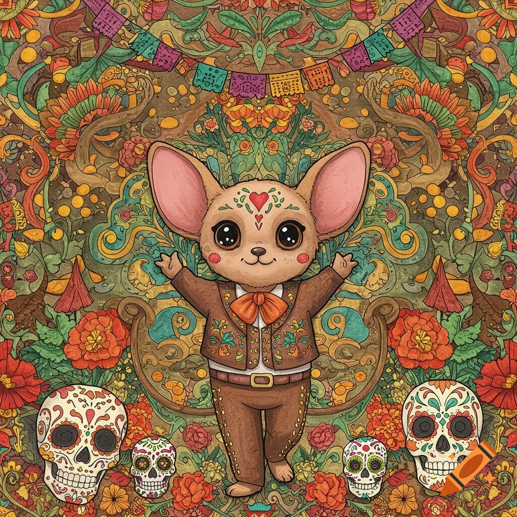 Cute chihuahua-like creature in a charro suit with a heart on its forehead, surrounded by vibrant floral patterns and sugar skulls.
