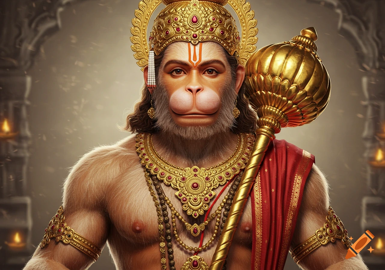 Hyper-realistic portrait of Lord Hanuman, with monkey features, wearing ornate golden Hindu jewelry and holding a golden mace.