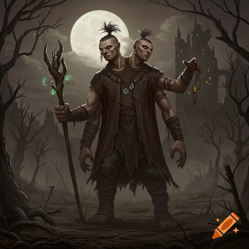 A two-headed, four-armed giant with a tattered coat stands in a barren, moonlit landscape with a dark castle.