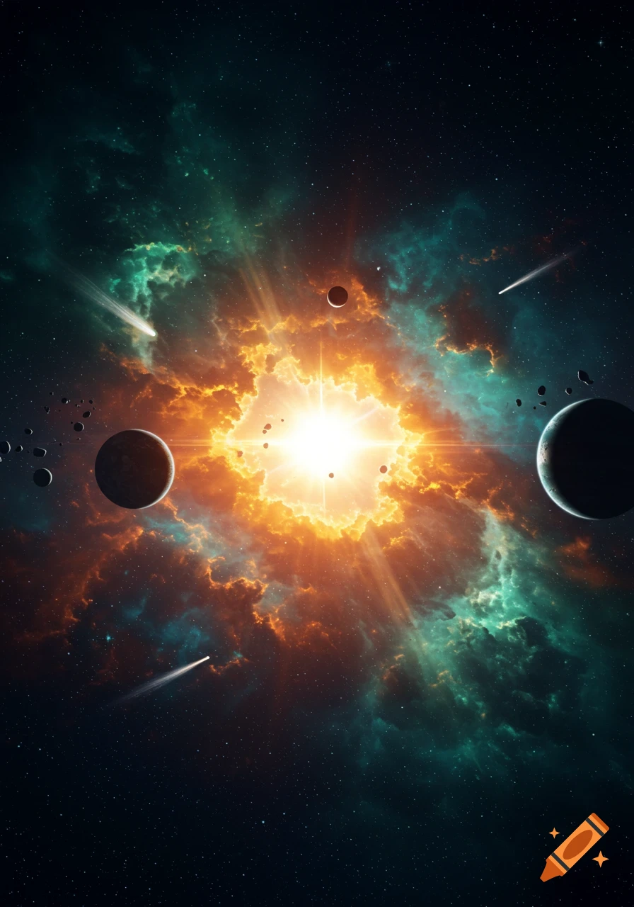 A vibrant cosmic explosion with a bright star at its center, surrounded by orange and teal nebulae, planets, and comets in deep space.