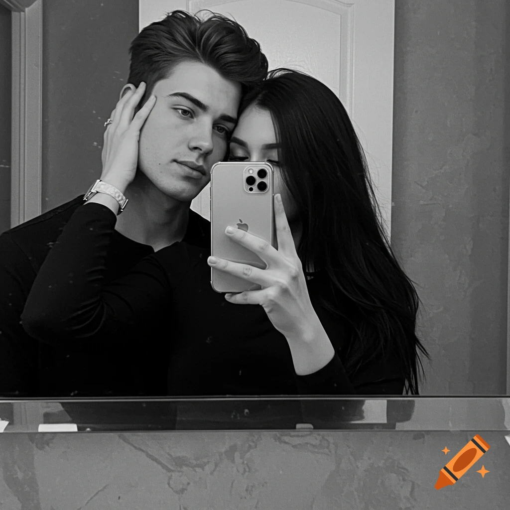 A black and white mirror selfie of a couple, with a man looking at the camera and a woman holding an iPhone.