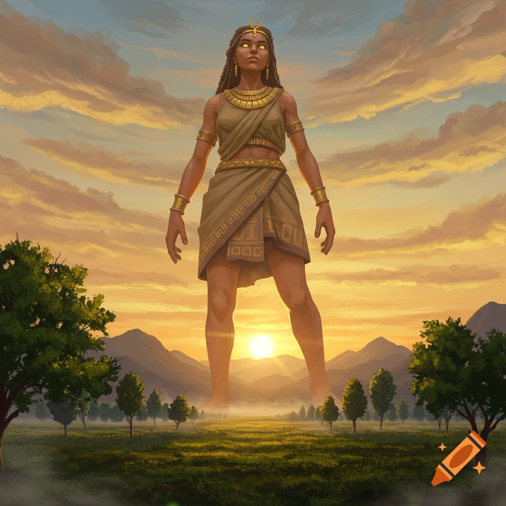 A giant woman with glowing eyes and dreadlocks, dressed in ancient Egyptian-style attire, stands in a misty field at sunset.