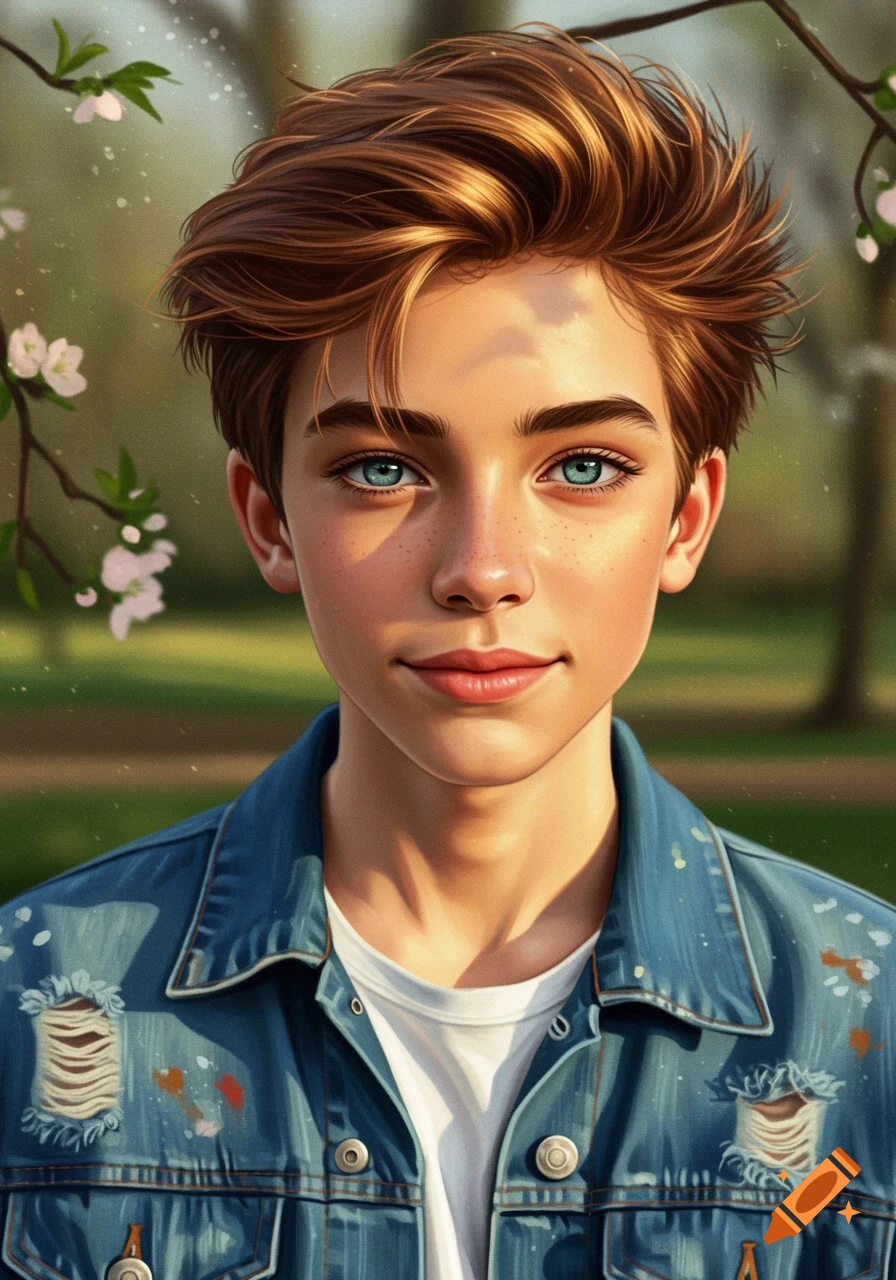 Digital art portrait of a young person with light brown hair, blue eyes, and freckles, wearing a distressed denim jacket, smiling outdoors with blurred trees and cherry blossoms.
