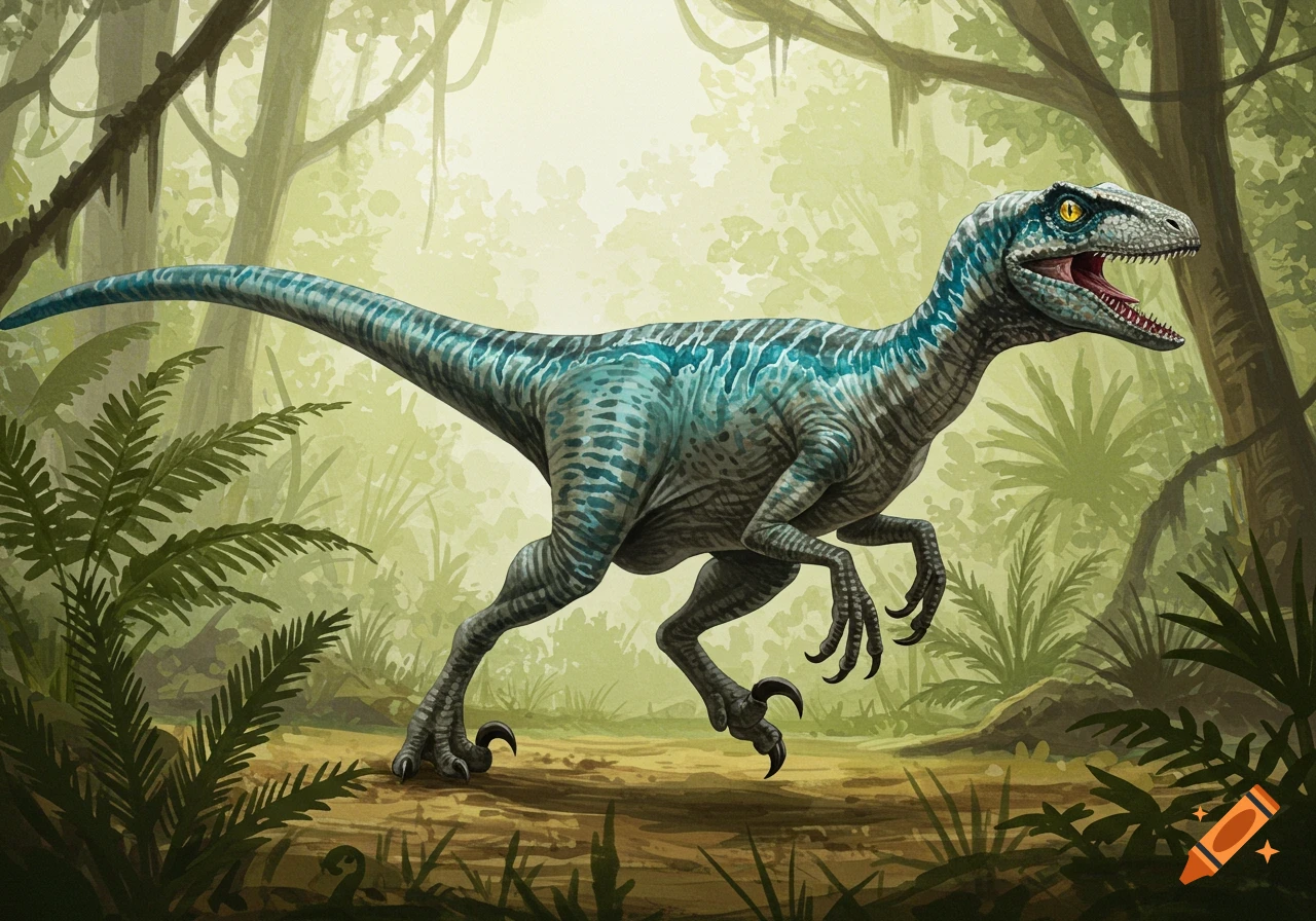A blue and grey striped velociraptor stands in a lush green watercolor jungle.