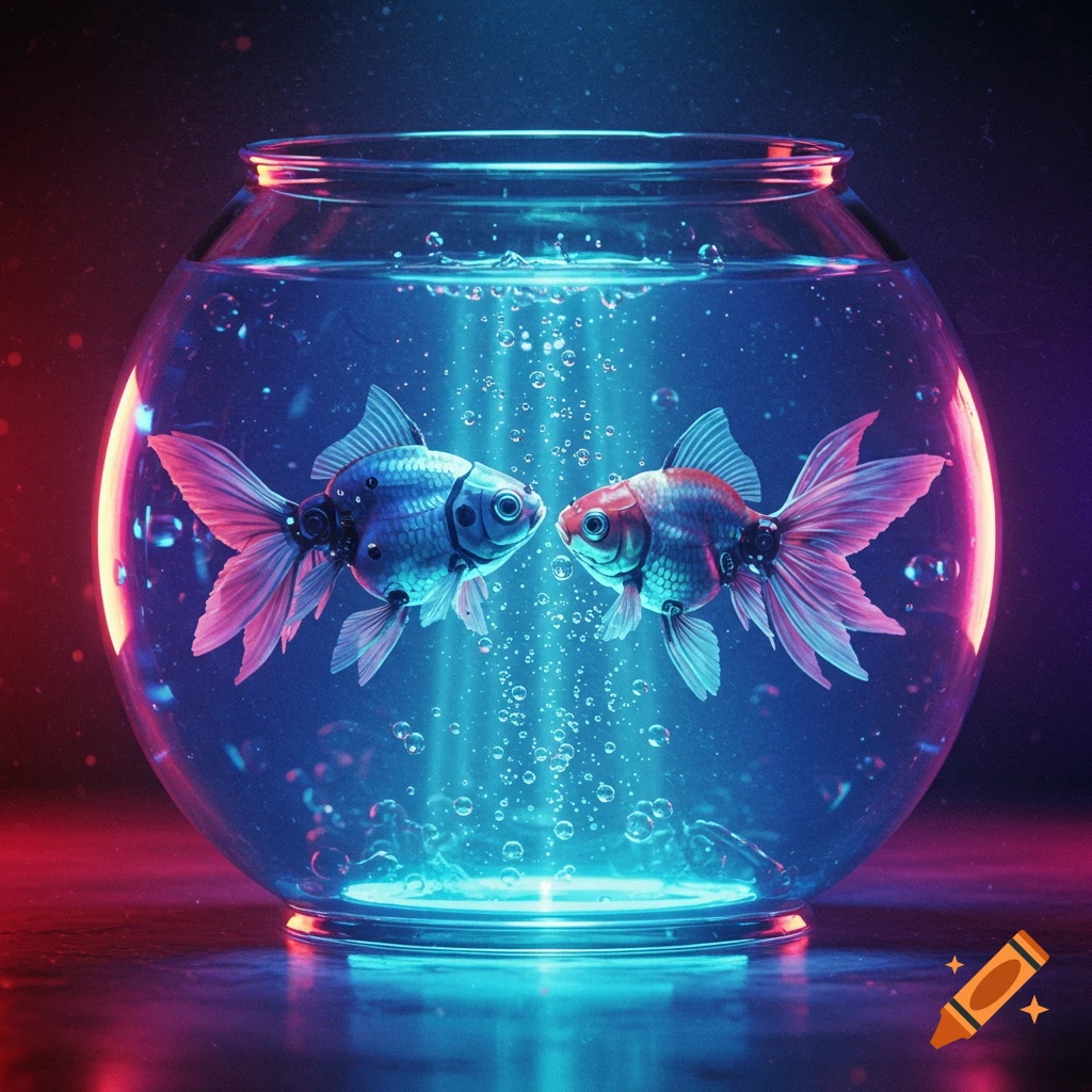 Two robotic goldfish face each other in a glowing fishbowl, illuminated by blue and red light.