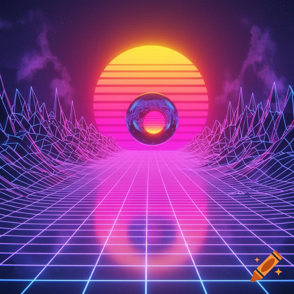 Retro-futuristic landscape with neon grid lines, a large striped sunset, and a glowing blue torus floating in the distance.