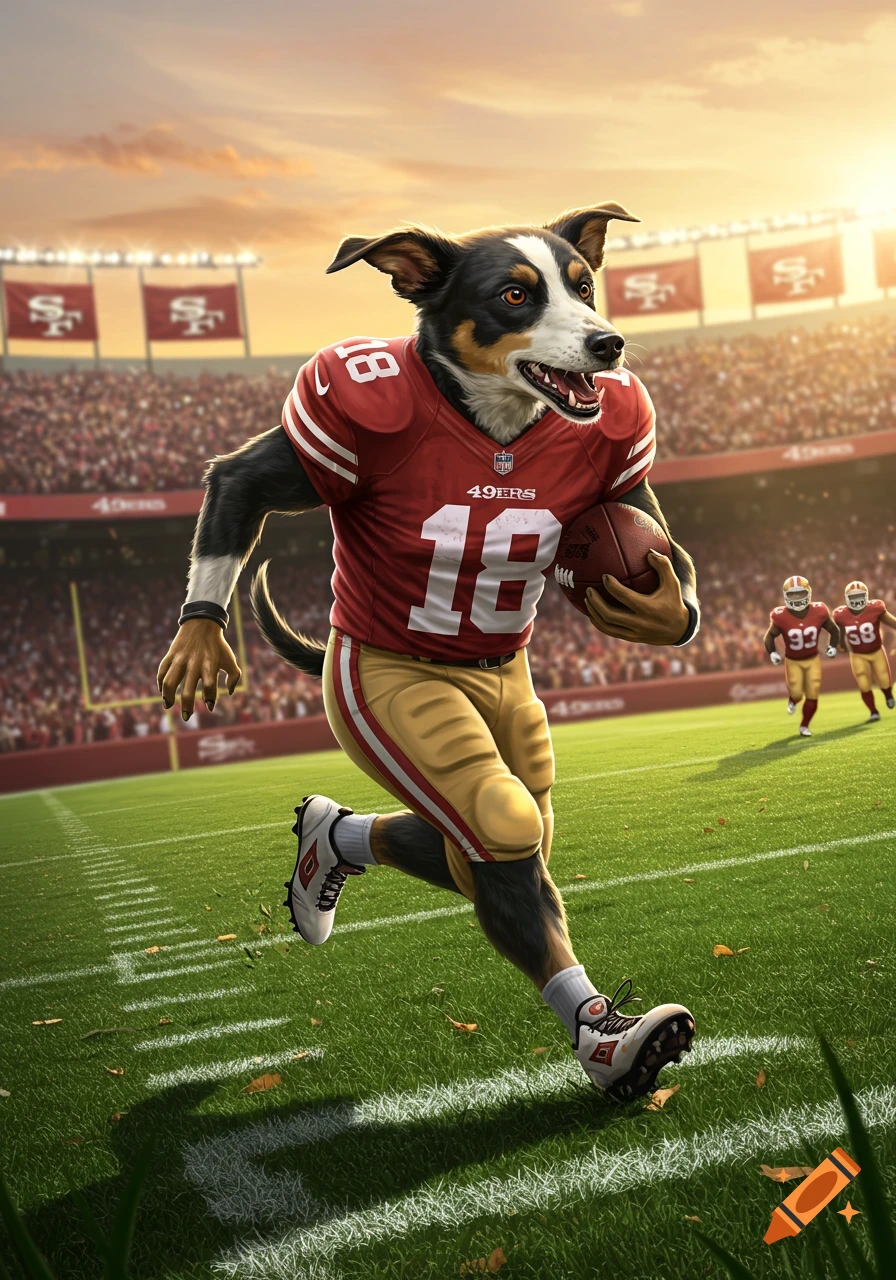 A photorealistic image of a dog wearing a red and gold 49ers football uniform, running with a football on a stadium field during sunset.