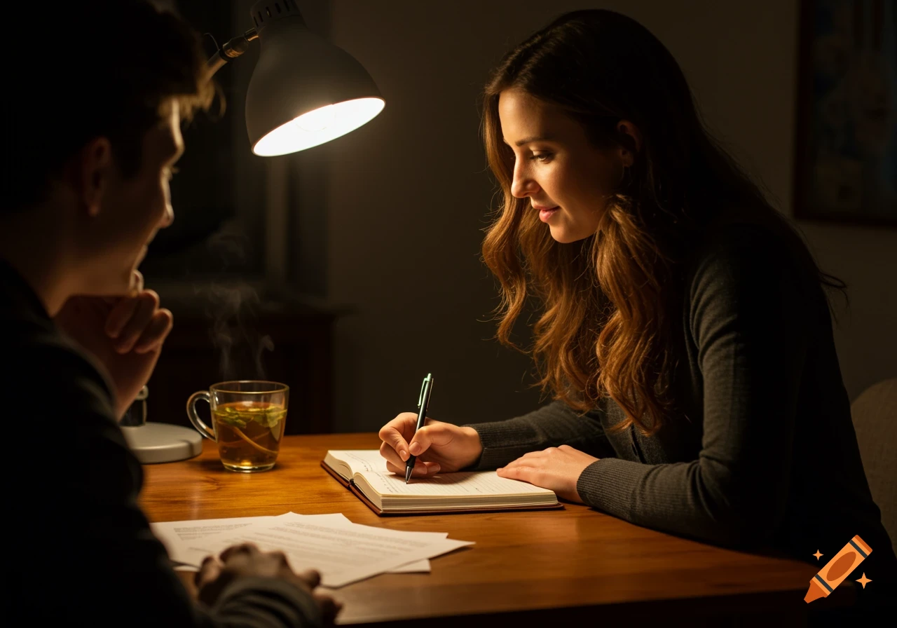 A photorealistic over-the-shoulder shot of a woman with long brown hair writing in a journal under a desk lamp, while a man sits across from her, smiling thoughtfully.