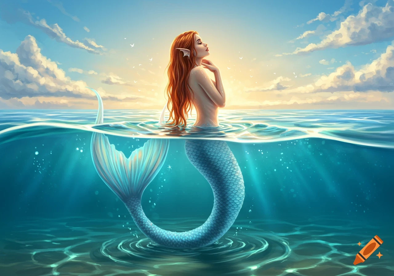 A vibrant illustration of a red-haired mermaid emerging from clear blue water, her tail visible below, under a bright, cloudy sky.