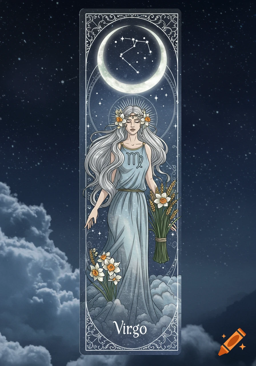 Stylized illustration of Virgo zodiac sign, depicting a woman with long white hair holding flowers, standing on clouds under a crescent moon with stars.