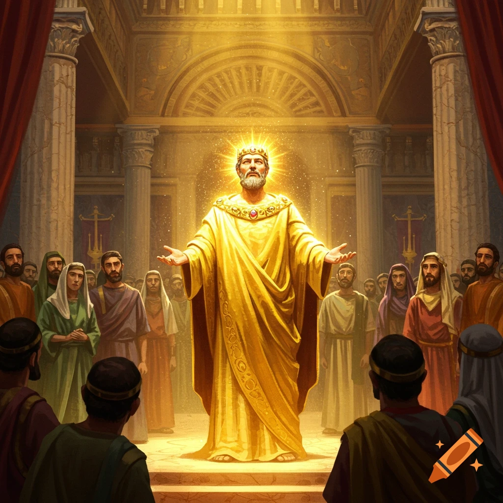 A regal king in a golden robe with a glowing crown stands with arms outstretched in a grand hall, surrounded by a crowd of people.