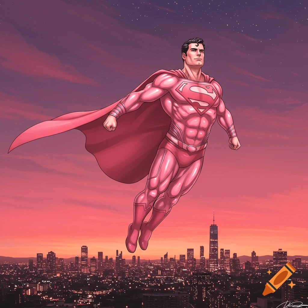 Superman in a pink suit flying over a city skyline at sunset, comic art style.
