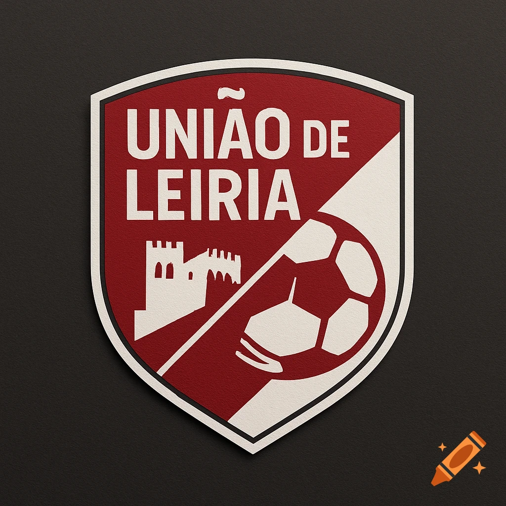 A red and white shield-shaped logo for a football club, featuring the text 'UNIÃO DE LEIRIA', a castle, and a football.
