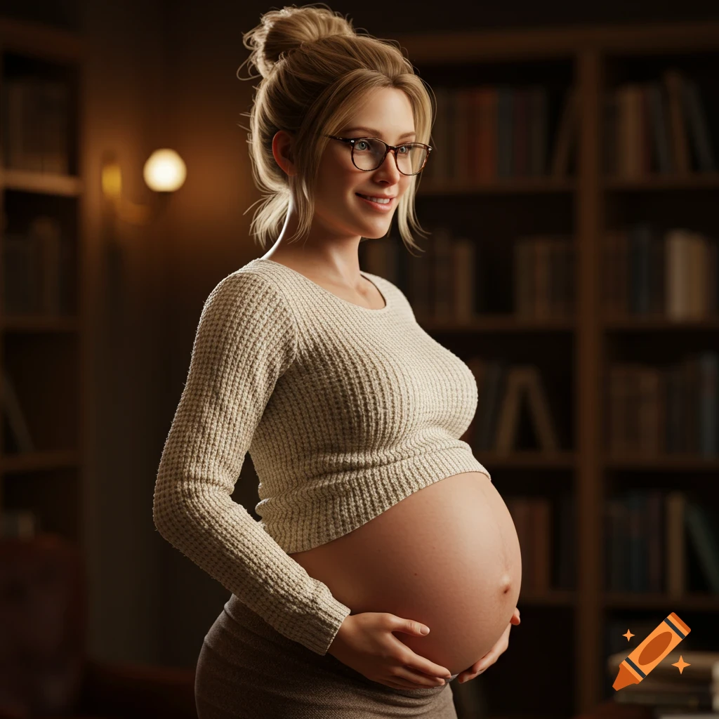 A photorealistic image of a smiling pregnant woman with blonde hair and glasses, wearing a cream sweater, standing in a dimly lit library.