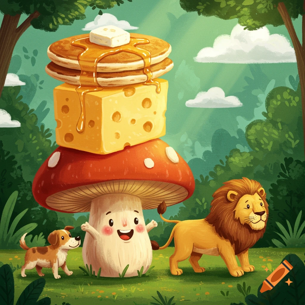 A whimsical cartoon of a happy mushroom holding stacked pancakes and cheese, with a dog and lion in a forest.