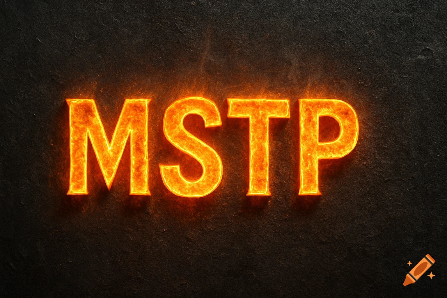 Fiery orange glowing text "MSTP" against a dark, textured background resembling cast iron.