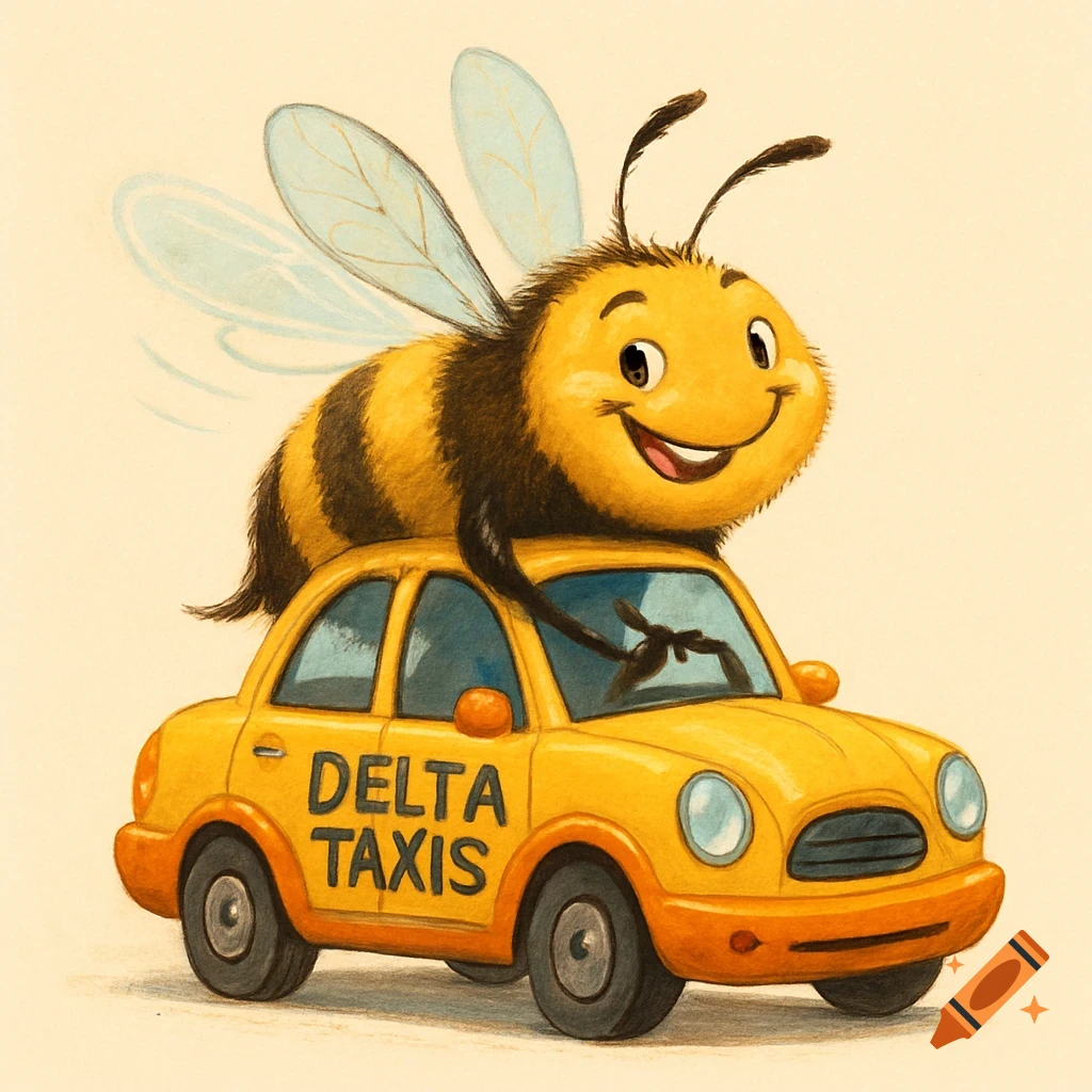 A happy cartoon bee riding on top of a yellow taxi that says 'DELTA TAXIS' on the side.