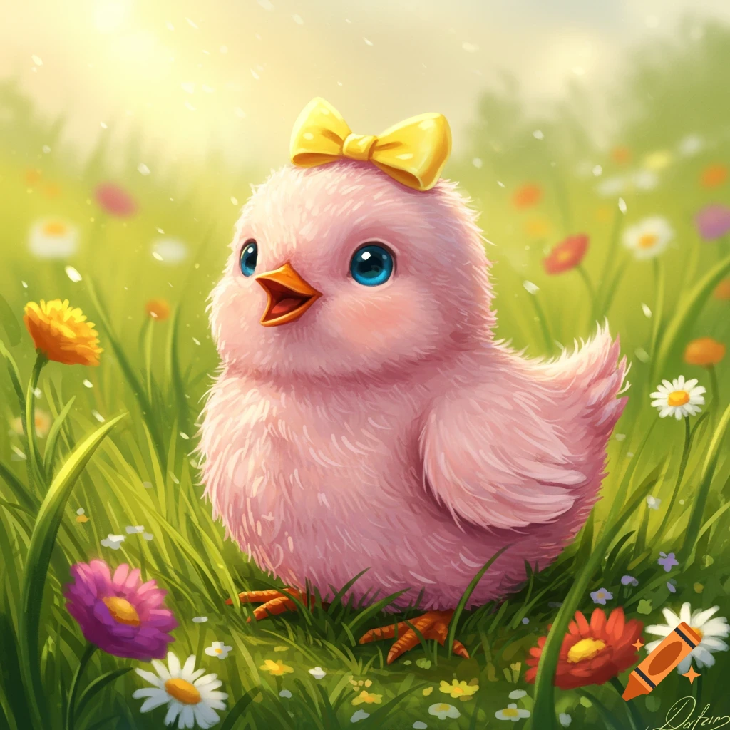 A cute pink chick with a yellow bow sits in a field of green grass and colorful flowers, rendered in a charming illustration style.