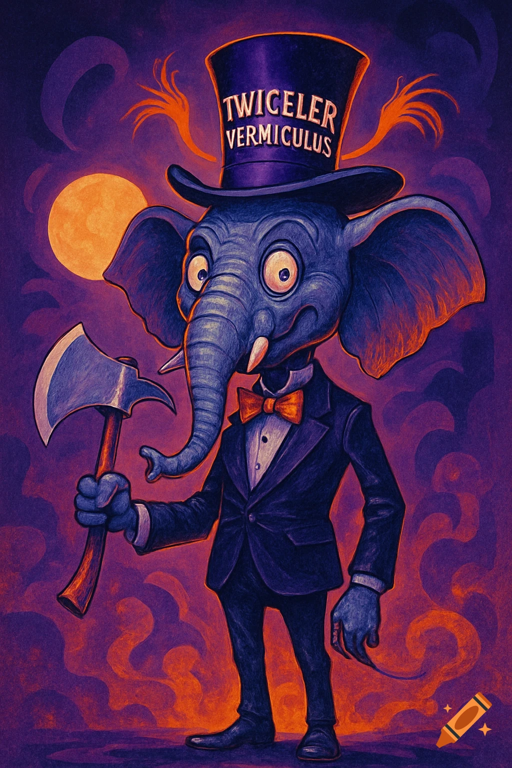 Cartoon elephant in a tuxedo and top hat, with 'Twiceler Vermiculus' written on it, holding an axe against a purple and orange background.