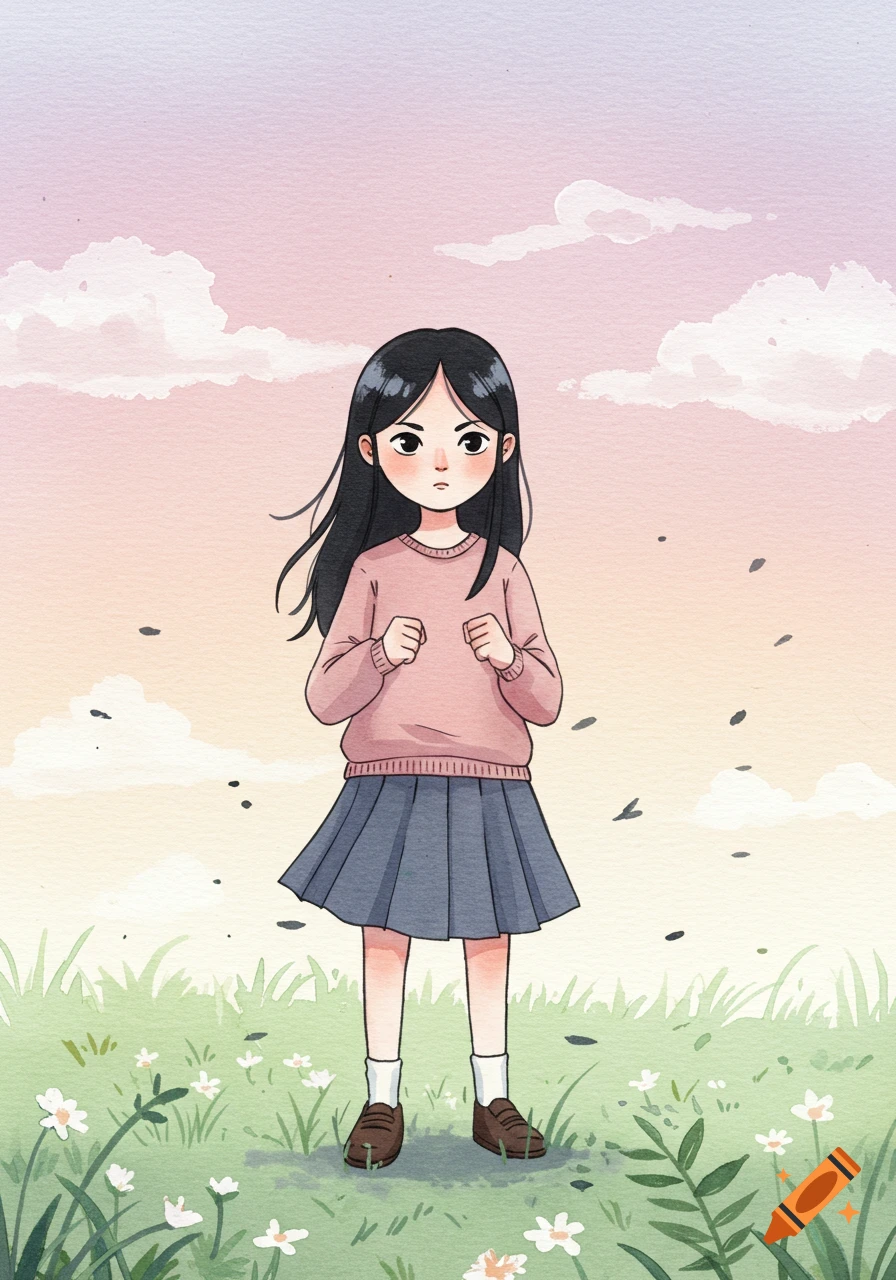 Watercolor illustration of a determined girl with black hair, fists clenched, standing in a grassy field under a pink sky.