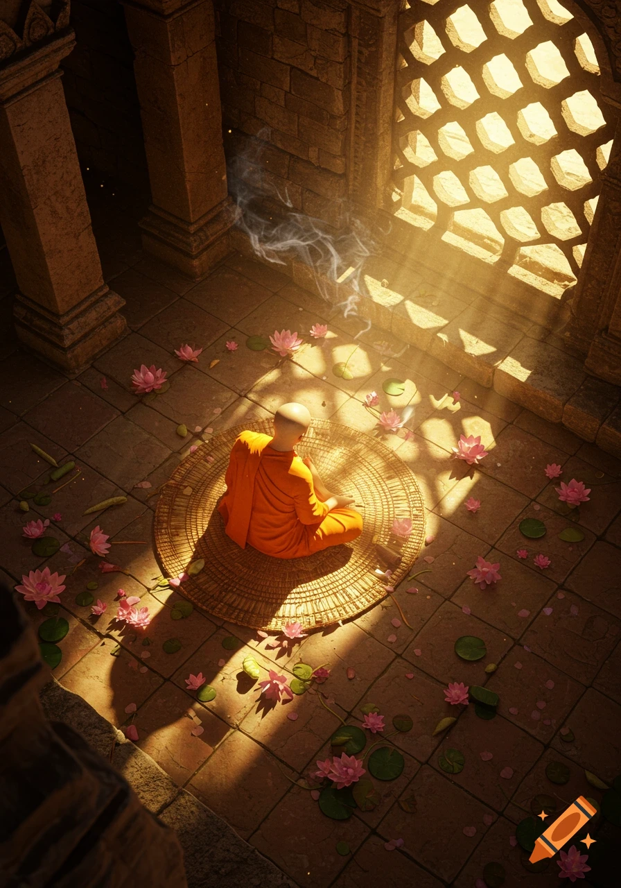 A monk in an orange robe meditates on a straw mat inside a sunlit temple, surrounded by pink lotus flowers.