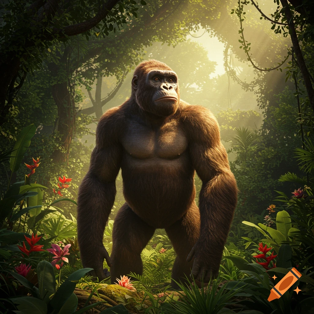 A photorealistic gorilla stands powerfully in a lush, sunlit jungle, surrounded by dense foliage and exotic flowers.