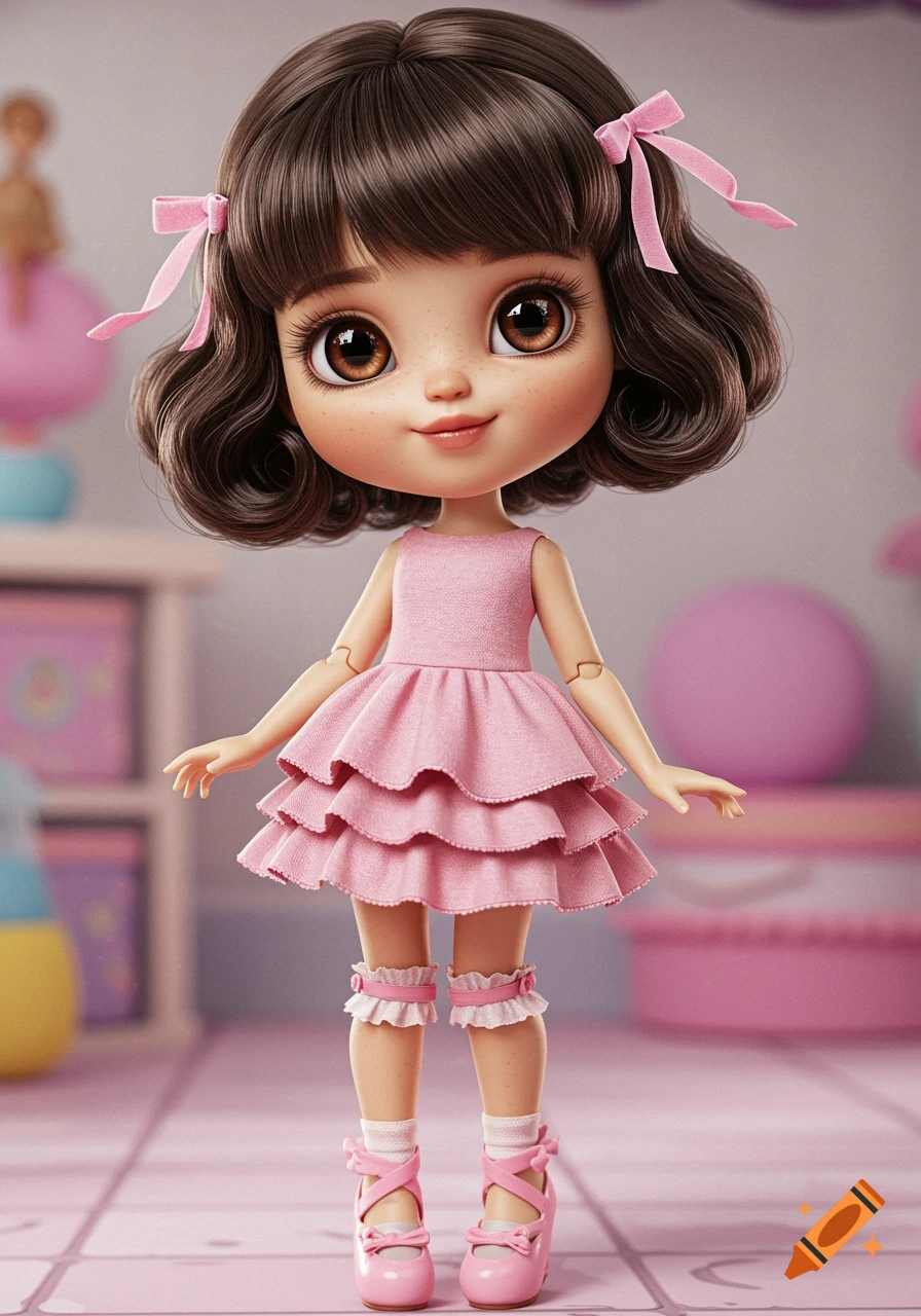 A porcelain doll with dark brown hair and large brown eyes, wearing a pink ruffled dress, ballet flats, and frilly socks. She stands in a pink-themed room.