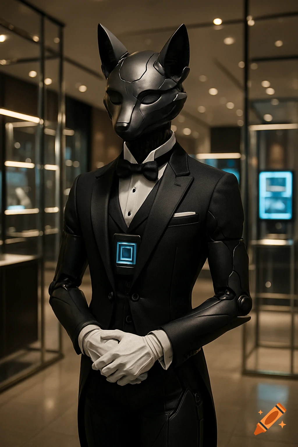 A sleek, dark robotic fox butler in a black tuxedo and white gloves stands in a luxurious showroom.