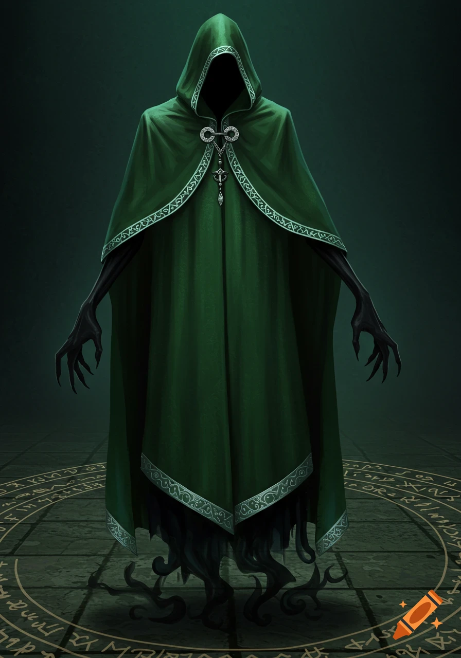A shadowy, hooded figure in a dark green cloak with silver trim stands on a stone floor covered in glowing runes. Dark, spindly arms with sharp claws protrude from the cloak, and root-like tendrils emerge from beneath it.