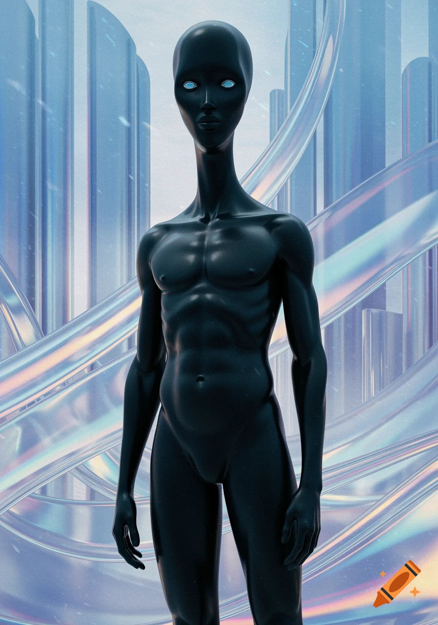 A dark, muscular alien figure with a long head and glowing blue eyes stands nude in a futuristic, abstract environment.