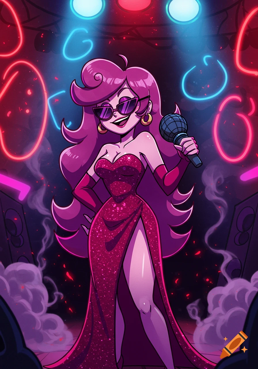 Cartoon character Mommy Mearest with pink hair and sunglasses, wearing a red sparkly dress and holding a microphone on a stage with neon lights and smoke.
