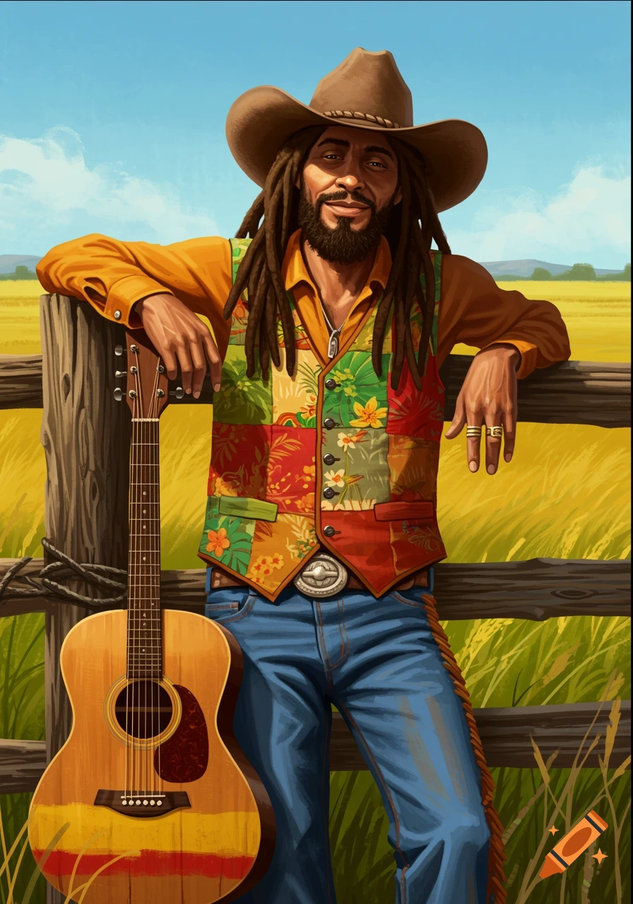 Illustration of a smiling man with dreadlocks and a cowboy hat, wearing a colorful vest, leaning on a fence with an acoustic guitar in a sunny field.