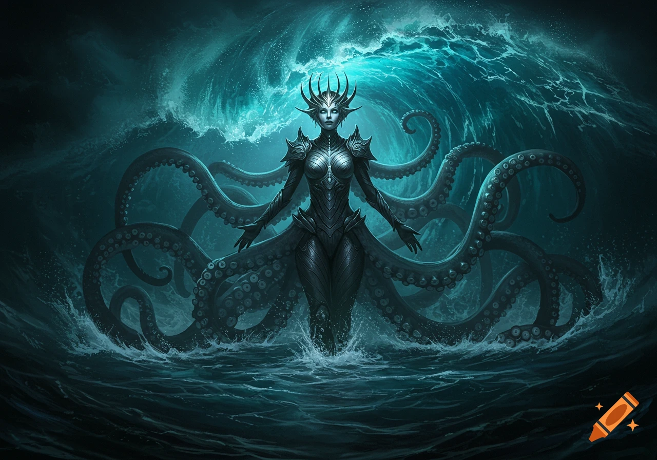 An ultra modern dark fantasy illustration of a queen goddess with octopus tentacles rising from stormy ocean waves.