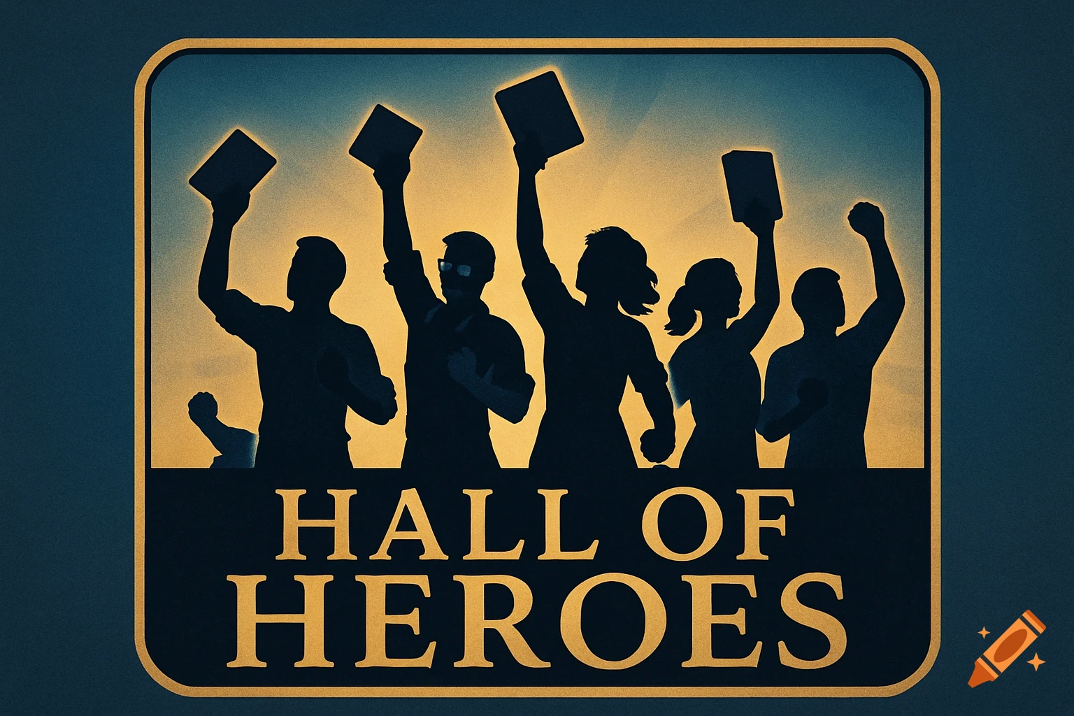 A dark blue and gold logo showing silhouettes of people raising books and fists, with the text 'HALL OF HEROES'.