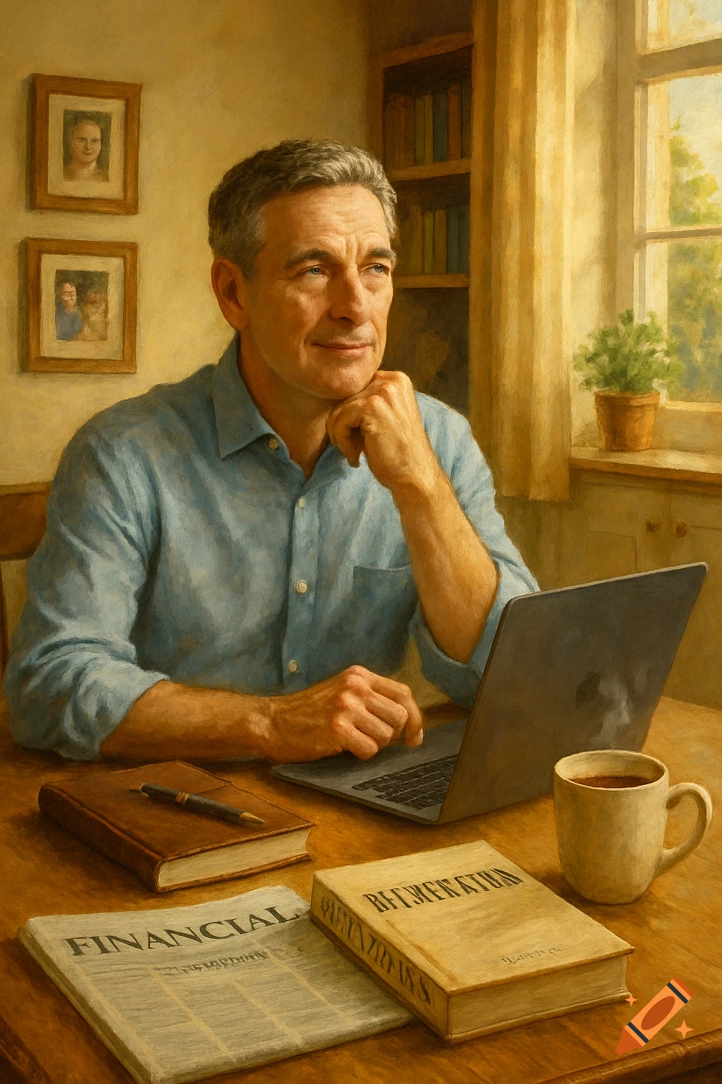 A thoughtful man with grey hair sits at a wooden table with a laptop, books, and a newspaper, looking out a window in a bright room, in a painted style.