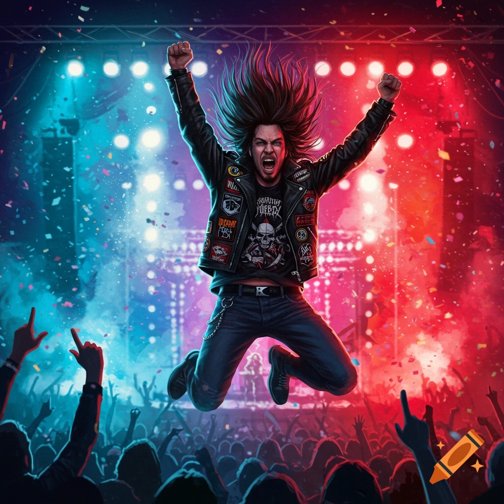 A metal fan with long hair jumps excitedly on stage at a concert, surrounded by confetti and a cheering crowd under bright red and blue lights.