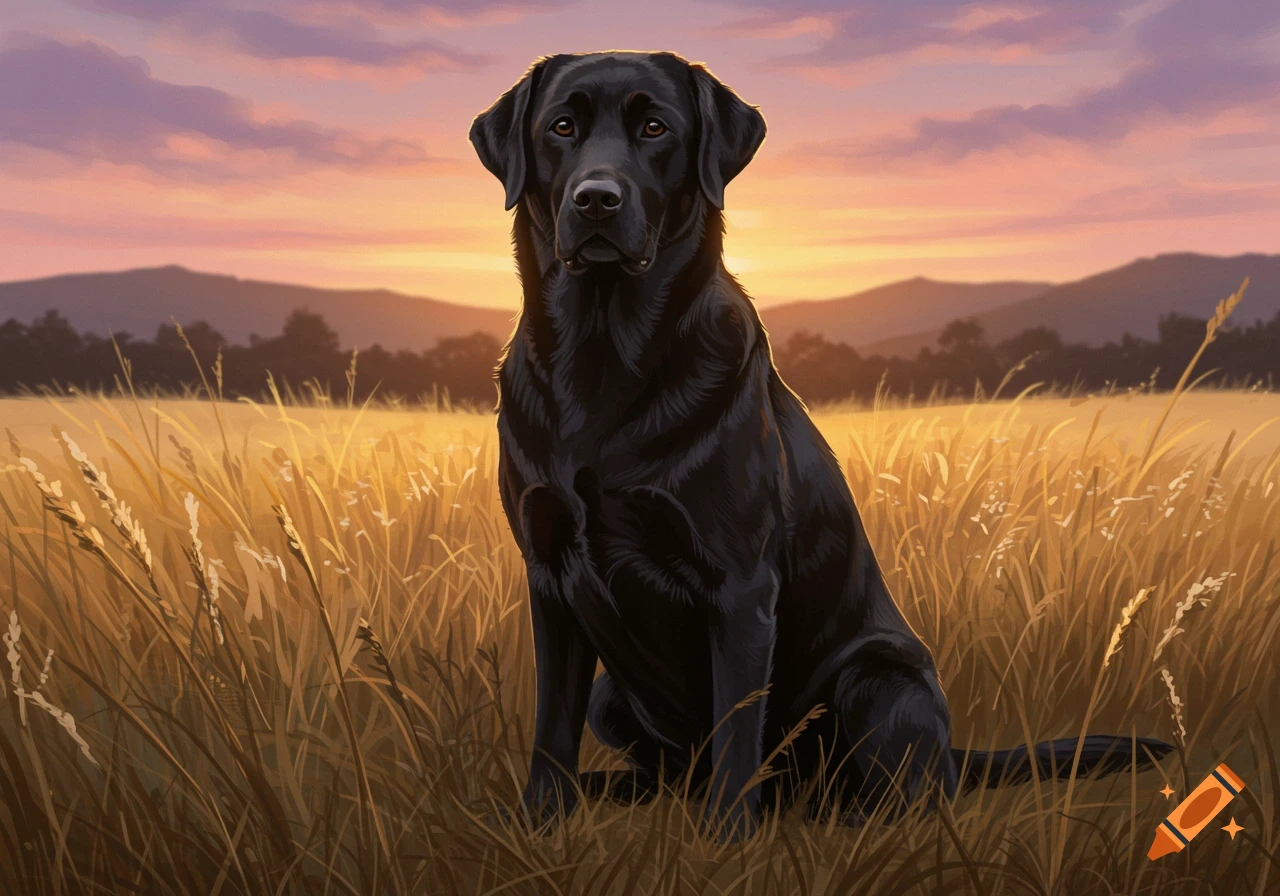 A black Labrador Retriever sits in a golden field under a vibrant sunset sky, with distant mountains.