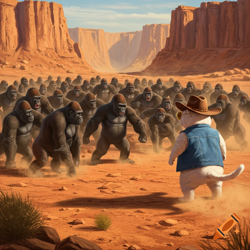 A white cat in a cowboy hat and sunglasses stands defiantly in a dusty desert canyon, facing a large horde of charging gorillas.