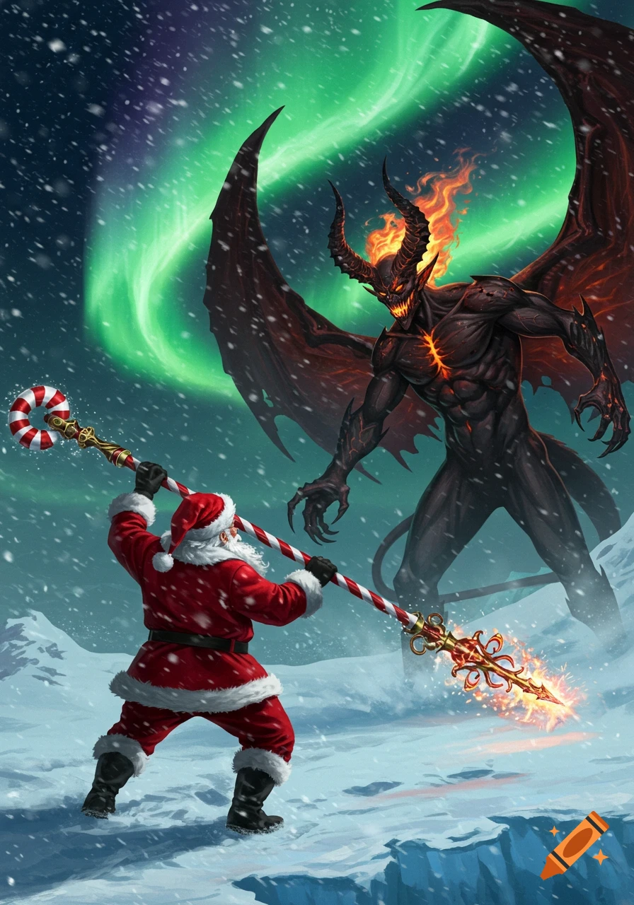 Santa Claus battles a horned, fiery demon under a green aurora in a snowy landscape, wielding a candy cane staff.