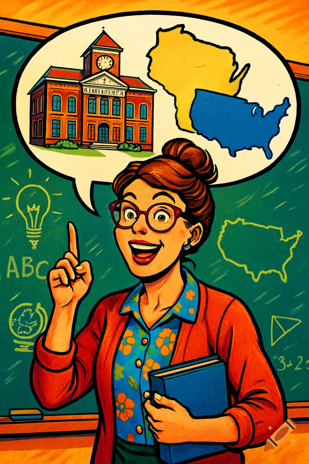 A cartoon female teacher in glasses and a floral shirt points at a chalkboard with a lightbulb and ABCs. A speech bubble above her head shows a school building, the state of Wisconsin, and the USA map.